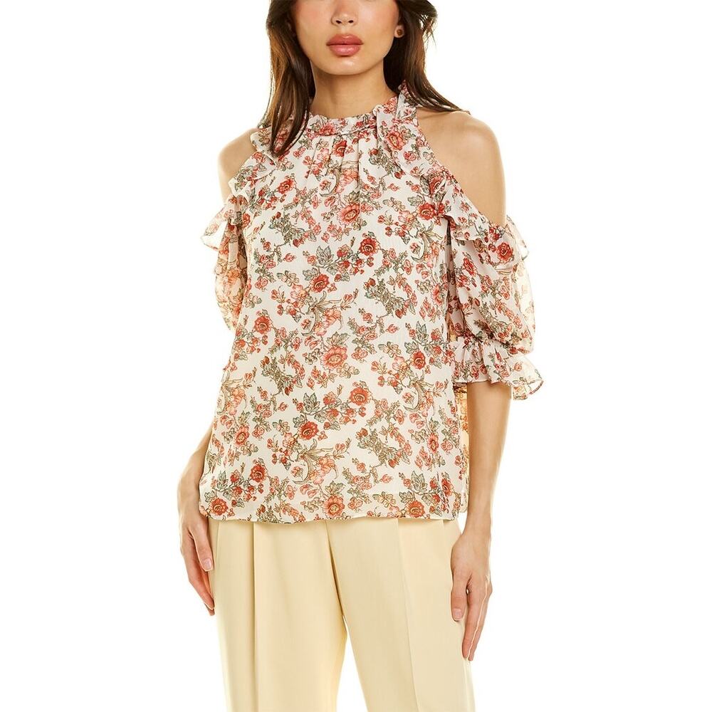 Max Studio Womens Blouse Sz M Floral Cold Shoulder Ruffle Top‎ Peony Cream NEW